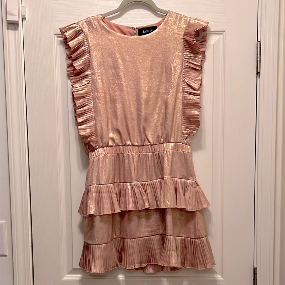 Fab’rik Blush Metallic Pleated Ruffle Mini Dress | Size Large